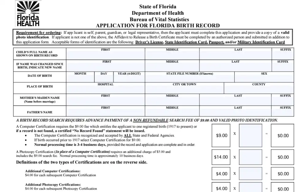 A screenshot of the form used to obtain a birth document in Florida.