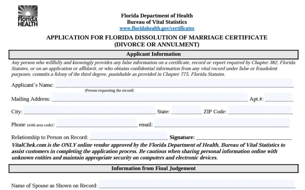 A screenshot of the form used to obtain a dissolution of marriage documentation in Florida.