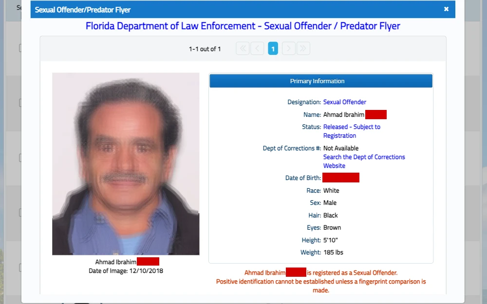 A screenshot of the search tool to view people who are convicted sex offenders in Florida.