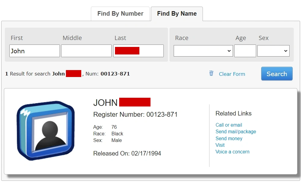 A screenshot of the BOP inmate locator offered by the Federal Bureau of Prisons, where the user can utilize a database to find a subject’s historical criminal details at the federal level.