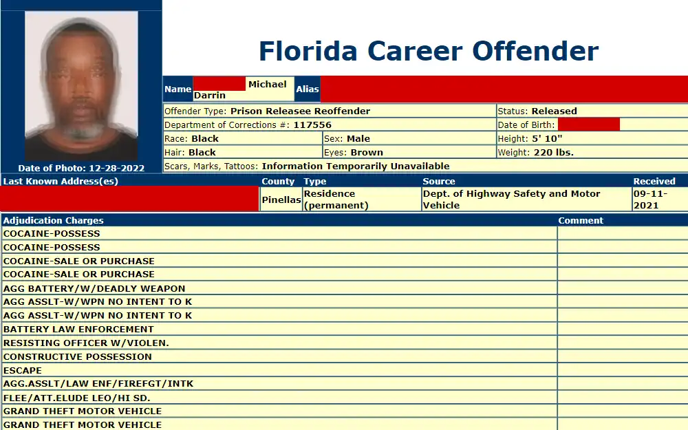 A screenshot of the search tool that is specifically for finding convicted felons that fall within a certain category of career criminal due to the particular offenses they committed.