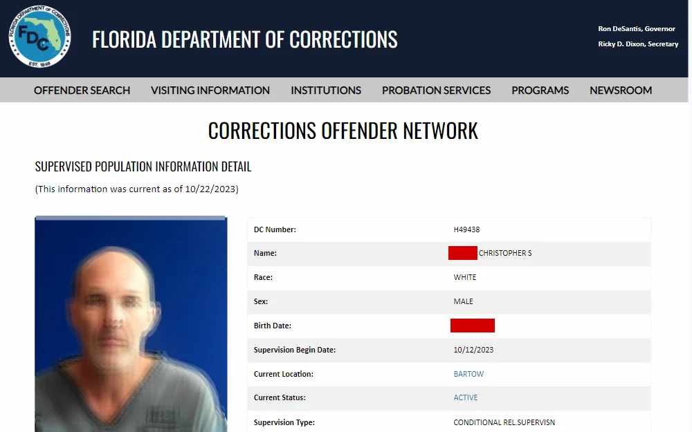 A screenshot of the search tool where the users can search for individuals in Florida on supervised release by their name or DOC number.