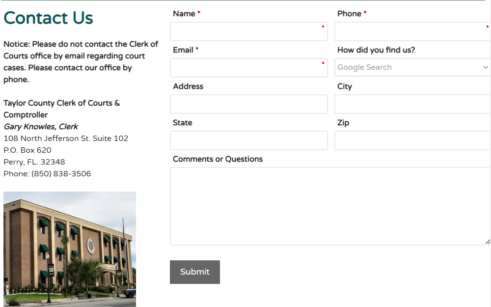 Screenshot of the contact form of Taylor County Clerk of Courts & Comptroller with spaces provided for name, contact information, address, and comments or questions, along with a short notice and the address and phone number of the agency.