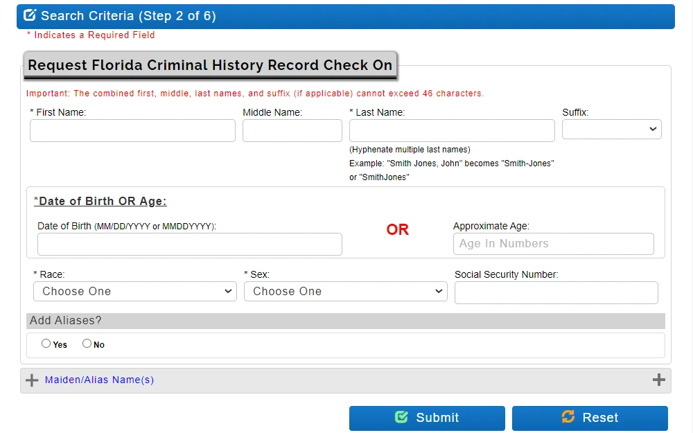 A screenshot of the criminal history record check form from the Florida Department of Law Enforcement displays the second step with fields for the subject information, including name, birthdate or age, race, sex, social security number, and an option to add alias or maiden names.