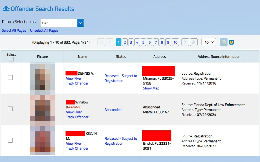 A screenshot of the search results from the Florida Department of Law Enforcement Sexual Offenders and Predators Search displays information of three sex offenders, including their mugshots, names, statuses, addresses, and the respective sources of information. 