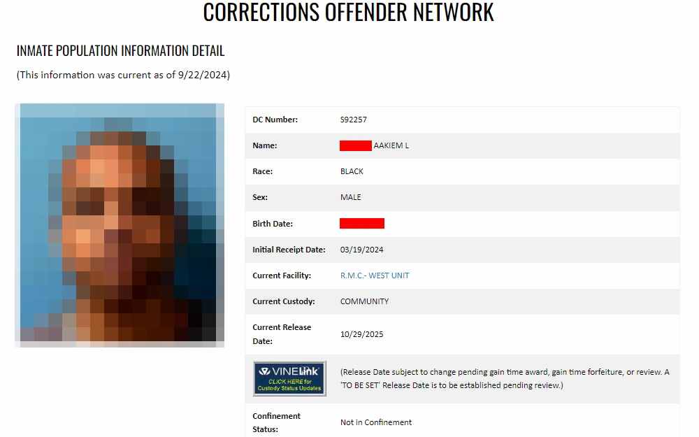 A screenshot of an offender's information from the Florida Department of Corrections displays the inmate's mugshot, name, DC number, race, sex, date of birth, initial receipt date, current facility, custody status, projected release date, and confinement status.